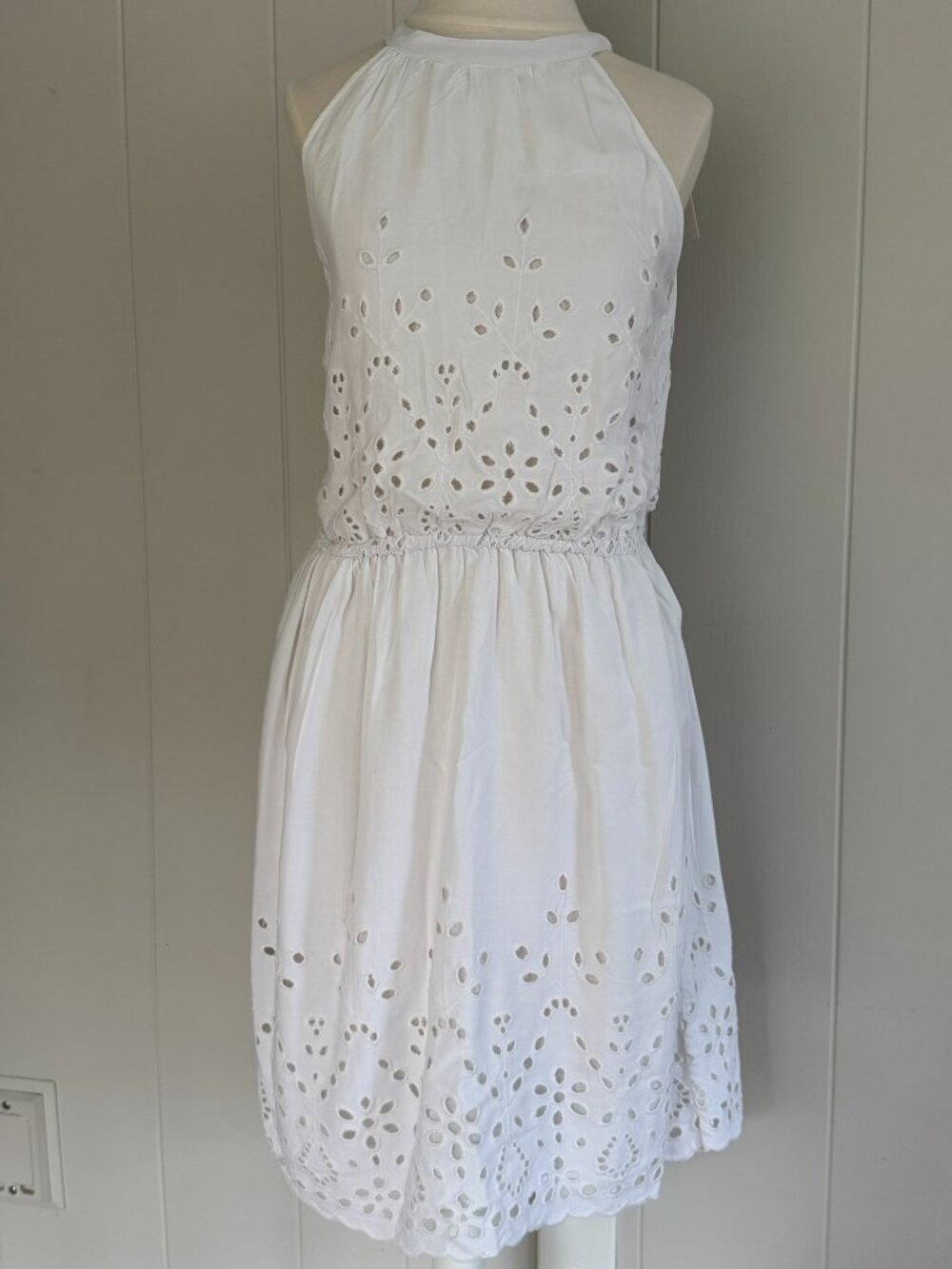 NWT Sim & Sam White Eyelet Halter Midi Sundress Lined - M